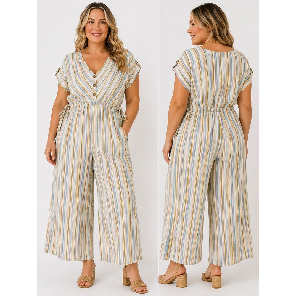 World Market Jumpsuit L/XL Cotton Linen Striped Wide Leg V-Neck Side Tie Multi
